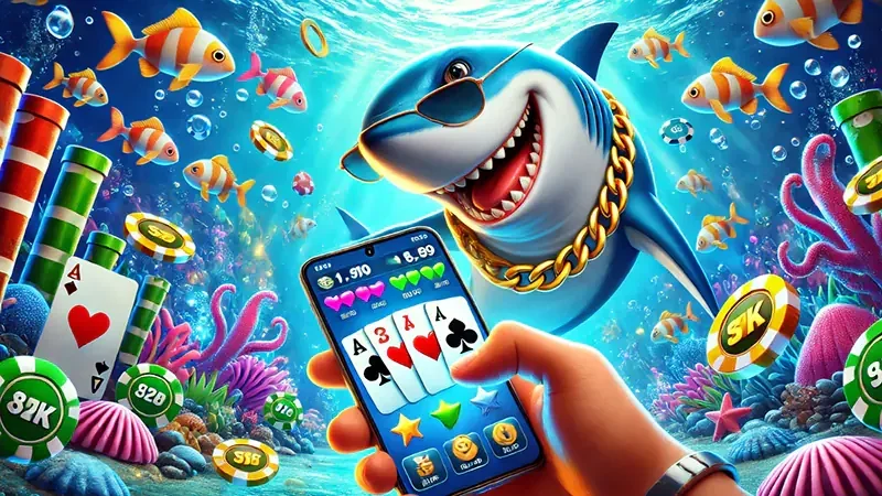 Ilustrasi layar arcade tembak ikan dengan suasana laut biru