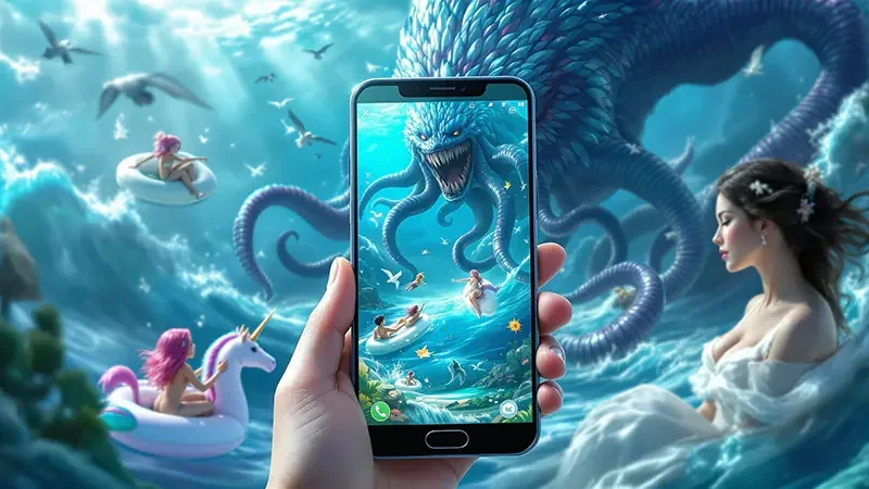 Tampilan bawah laut dengan ikan target bergerak pada permainan arcade